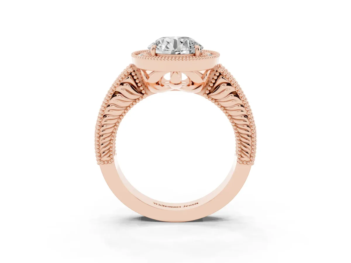 Round Cut Cut Halo Diamond Ring with Pavé Band and Four-Prong Setting Rose gold