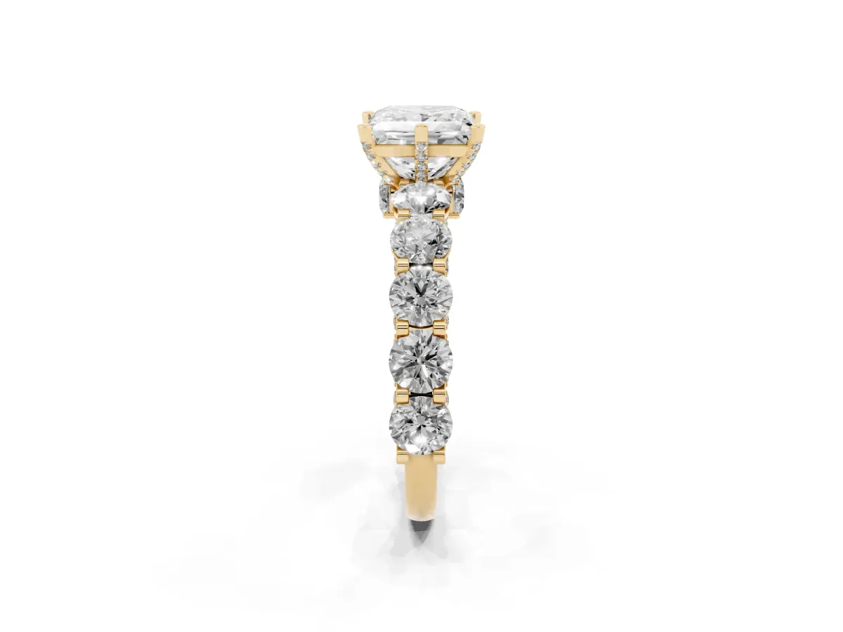 Princess Cut Diamond Side Stone Engagement Ring with Four-Prong Setting Yellow gold