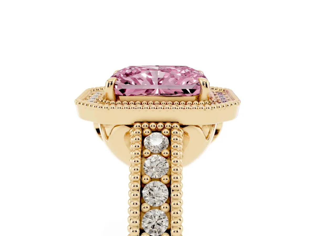 Fancy Pink Radiant Cut Cut Halo Diamond Ring with Pavé Band and Four-Prong Setting Yellow gold