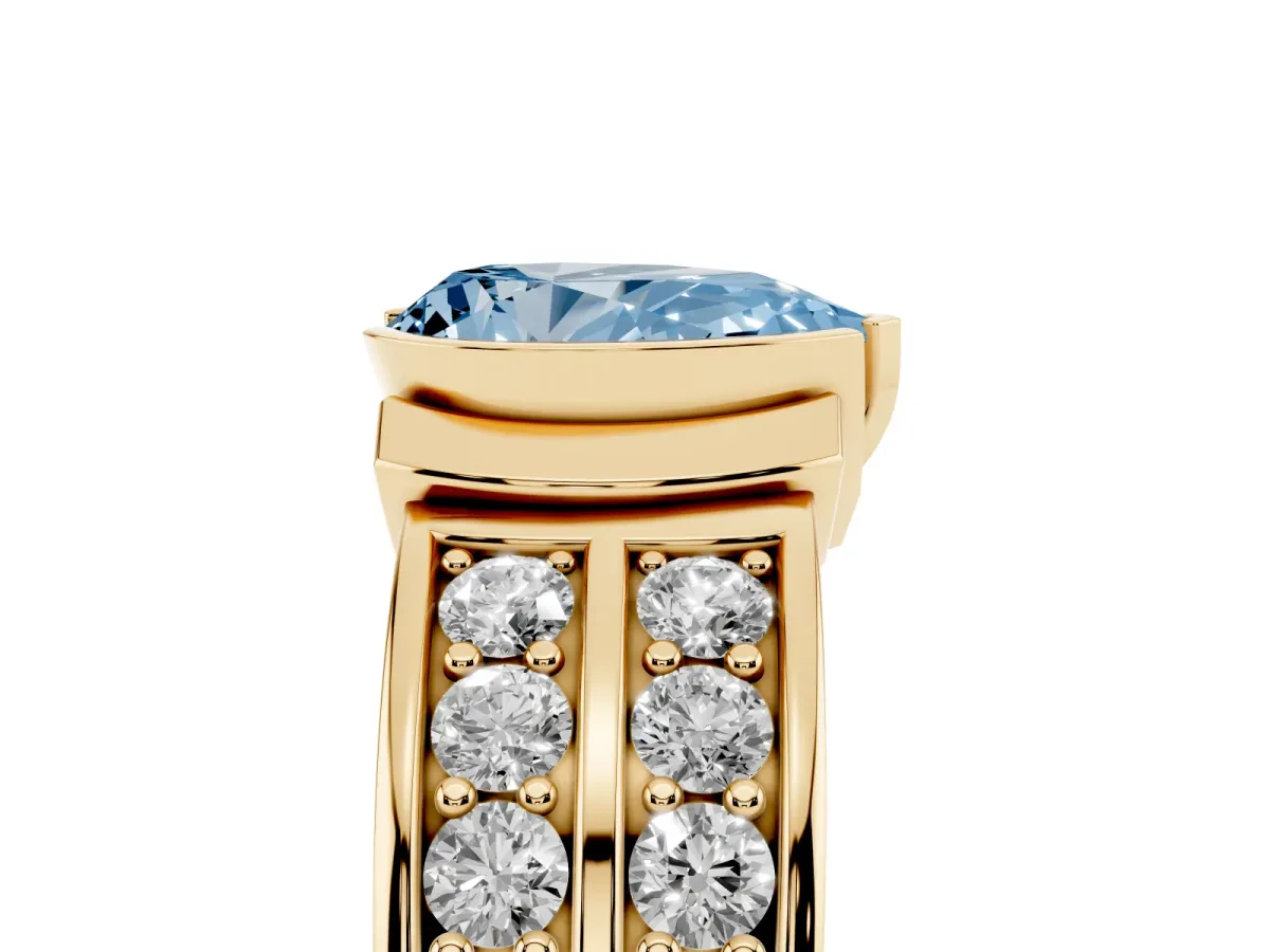 Fancy Blue Pear Cut Brilliant Diamond Channel Set Wide Band Ring with Bezel Setting Yellow gold
