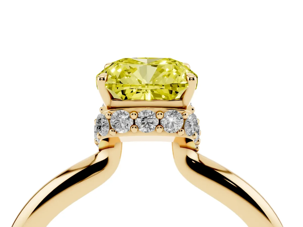 Fancy Yellow Cushion Cut Brilliant Solitaire Engagement Ring with Six-Prong Setting and Classic Band Yellow gold