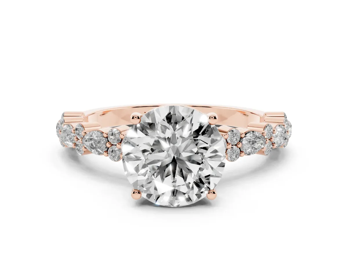 Round Cut Diamond Side Stone Solitaire Ring with Round and Four-Prong Setting Rose gold