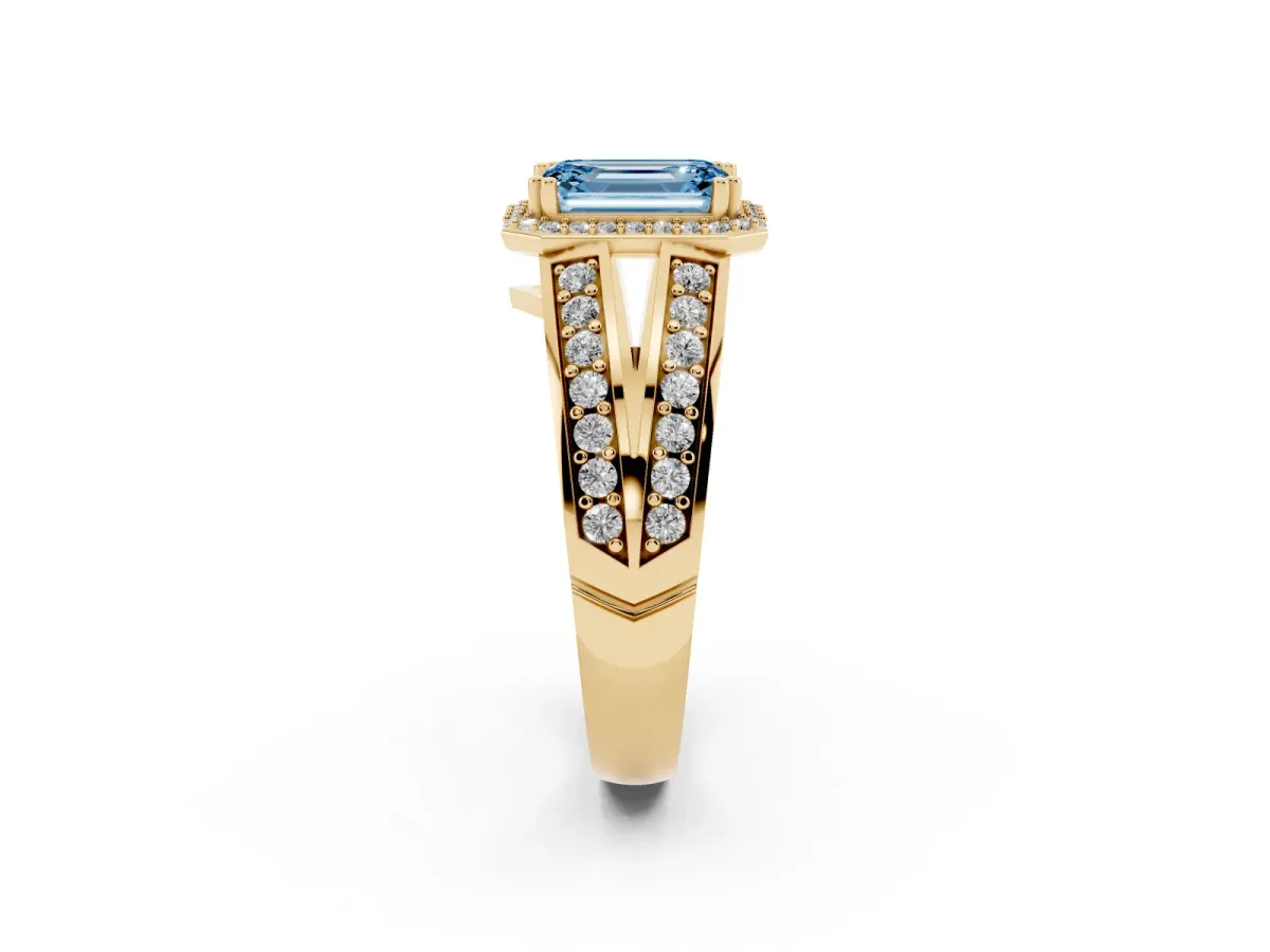 Fancy Blue Emerald Cut Diamond Halo Ring with Split Shank Pavé Band and Four-Prong Setting Yellow gold