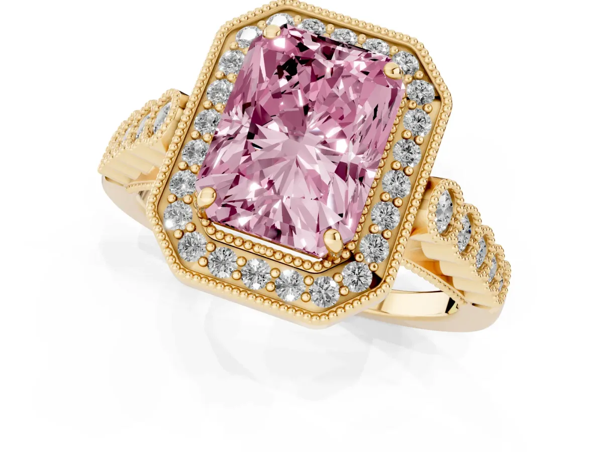 Fancy Pink Radiant Cut Halo Milgrain Solitaire with Bezel Set Side Stones and Pave Band Yellow gold