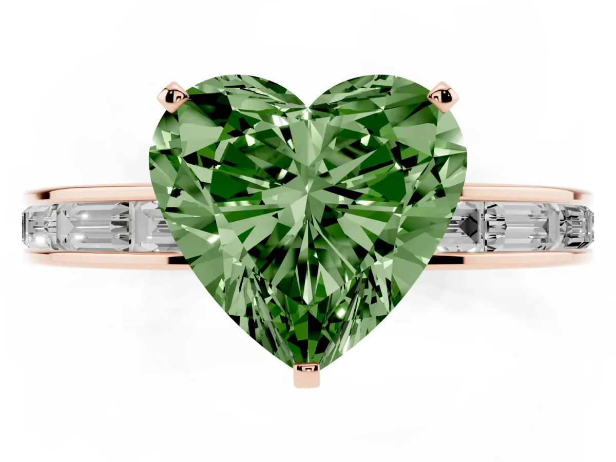 Fancy Green Heart Cut Solitaire Diamond Ring with Channel-Set Baguette Band and Four-Prong Setting Rose gold