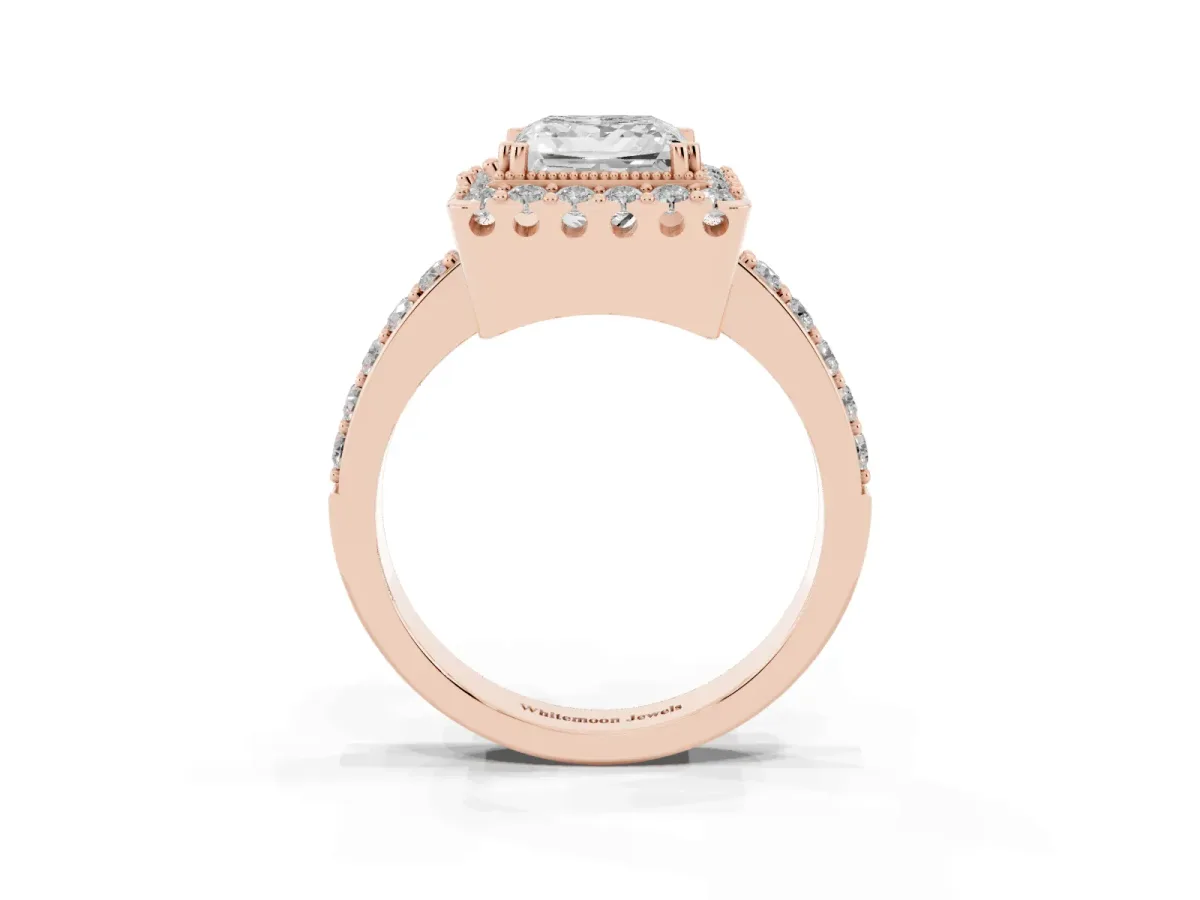 Princess Cut Diamond Halo Ring with Pavé Band and Prong Setting Rose gold