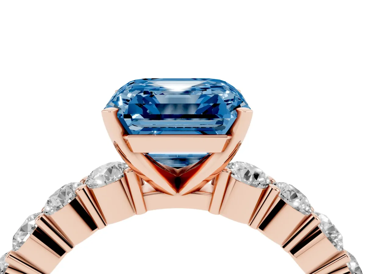 Fancy Blue Asscher Cut Diamond Solitaire Ring with Shared Prong Round Side Stones Rose gold