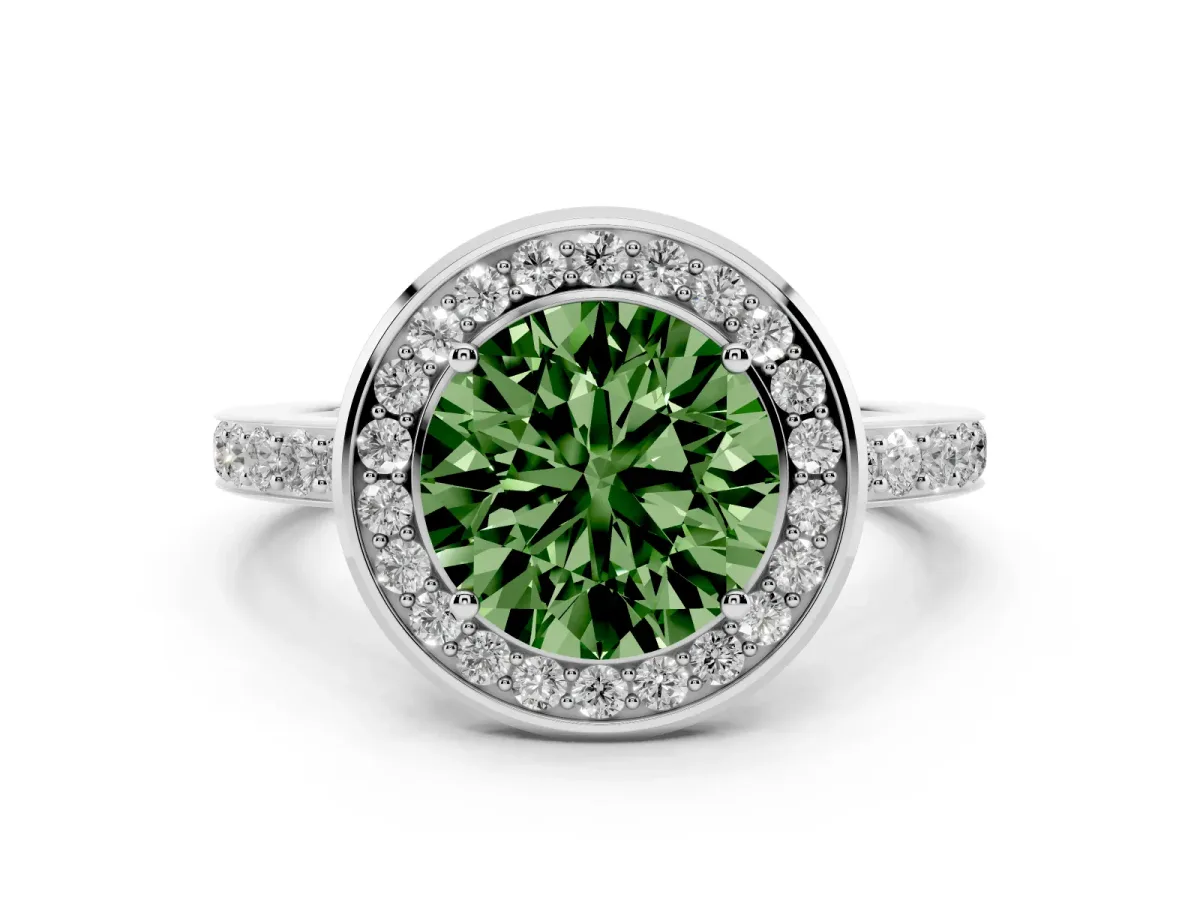 Fancy Green Round Cut Diamond Halo Ring with Bezel Frame and Pavé Band Silver