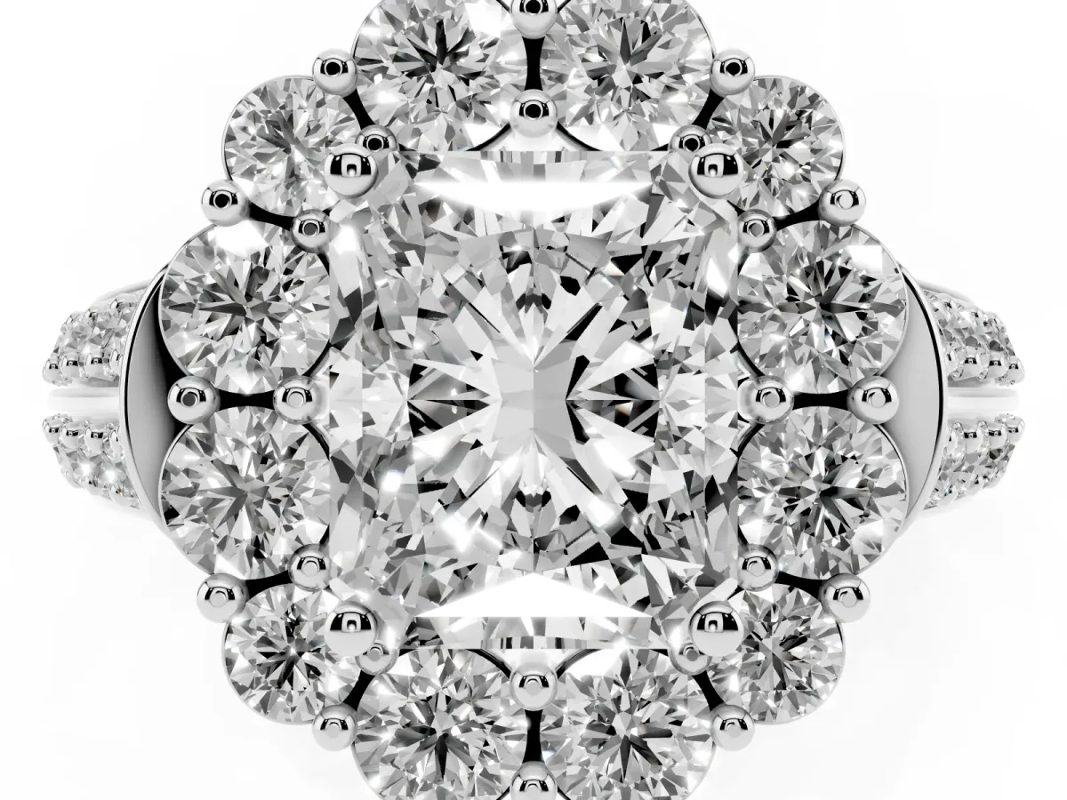 Radiant Cut Halo Diamond Engagement Ring with Split Shank and Prong Setting Silver