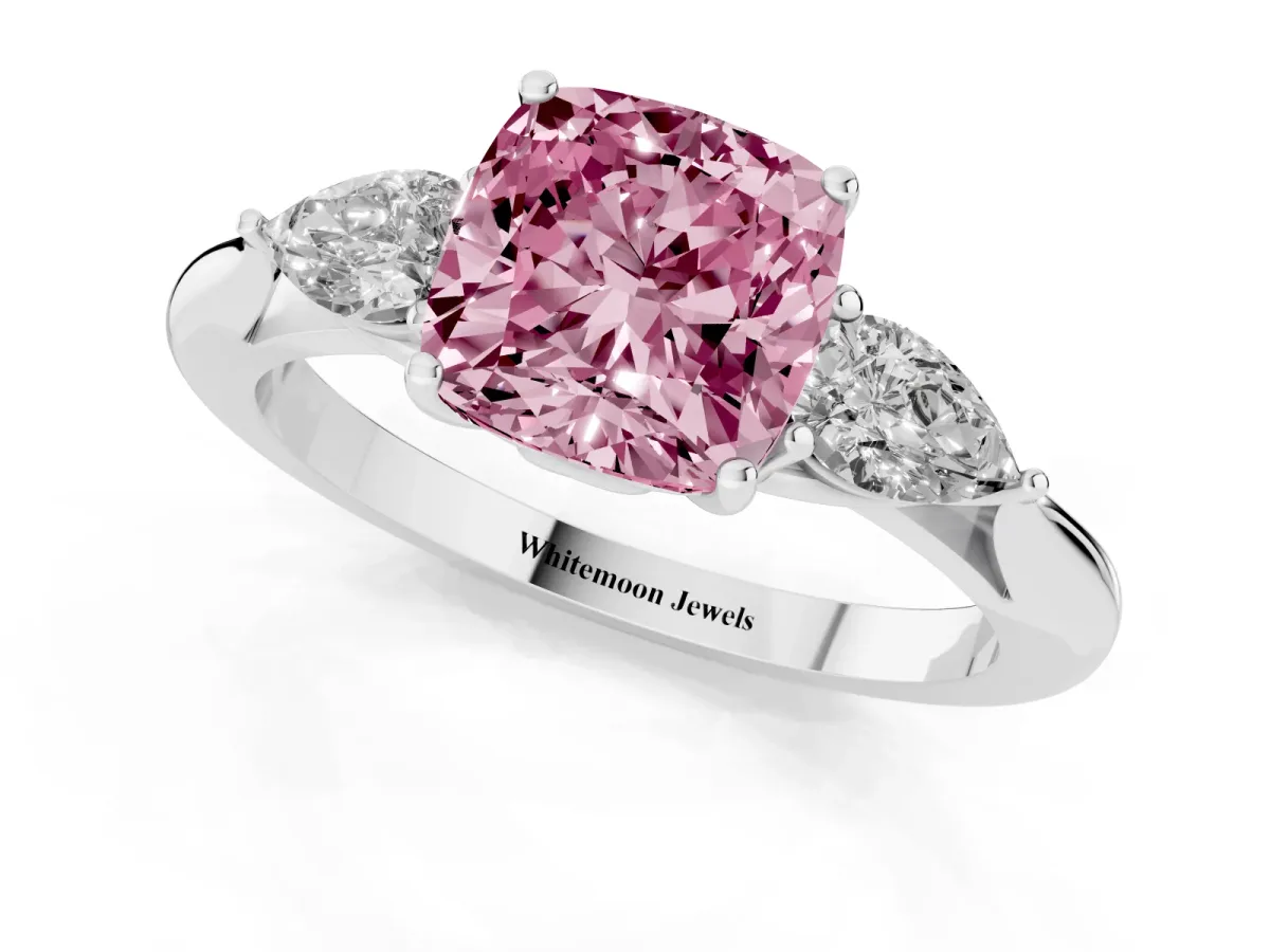 Fancy Pink Cushion Cut Diamond Three-Stone Ring with Pear Side Stones and Prong Setting Silver