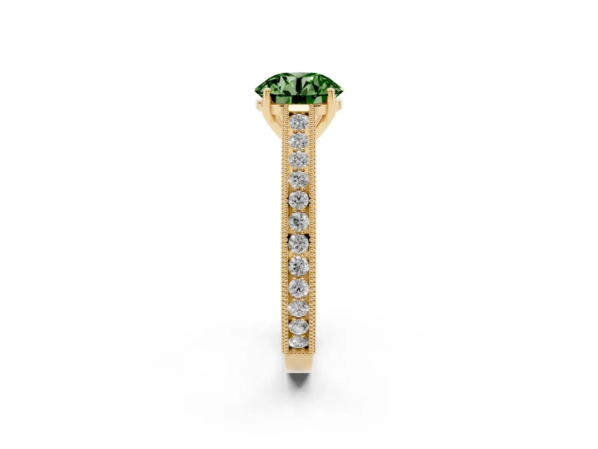 Fancy Green Round Cut Cut Pave Band Milgrain Solitaire Ring Yellow gold
