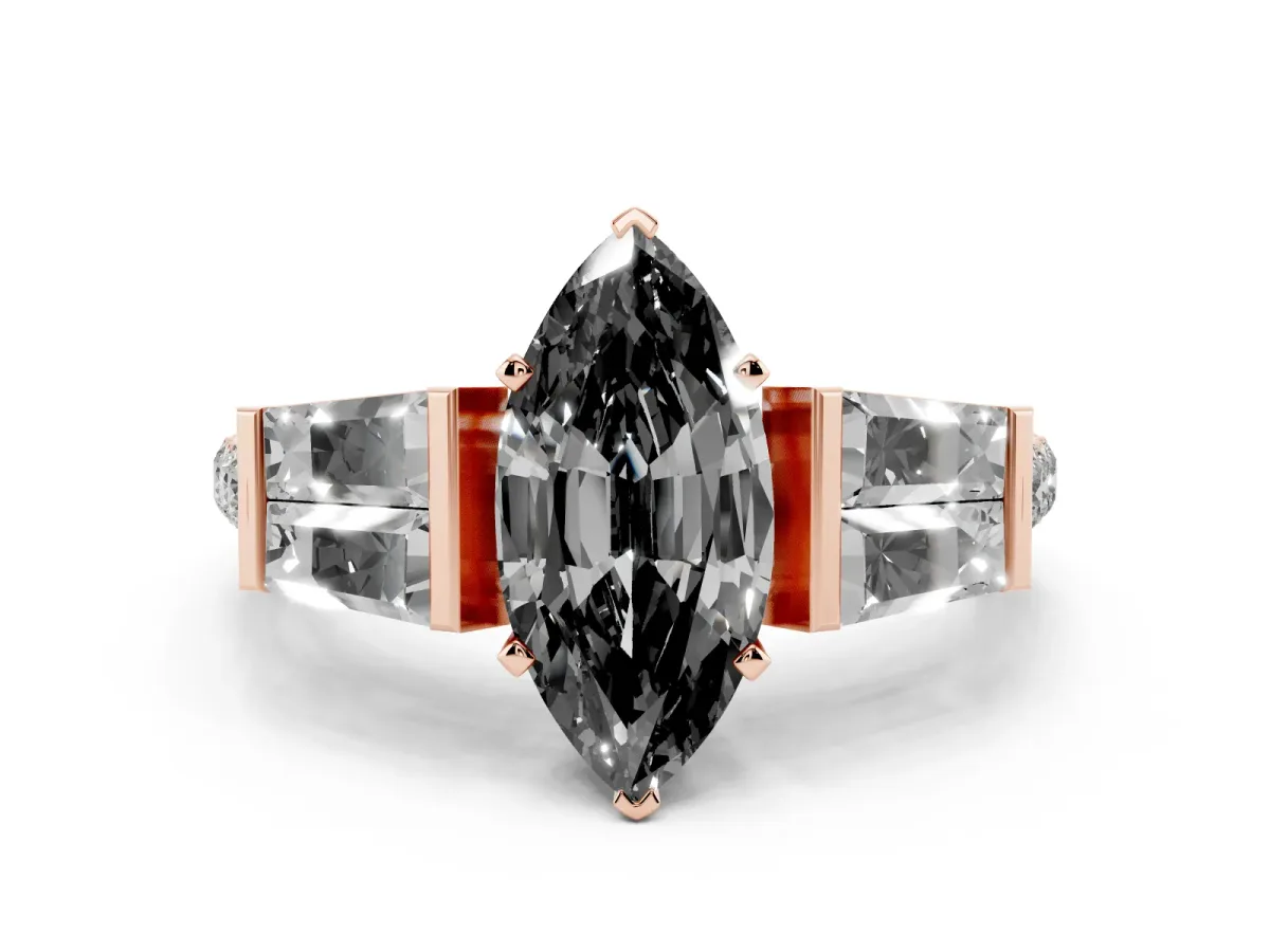 Fancy Black Marquise Cut Diamond Engagement Ring with Baguette Side Stones and Channel Set Band Rose gold