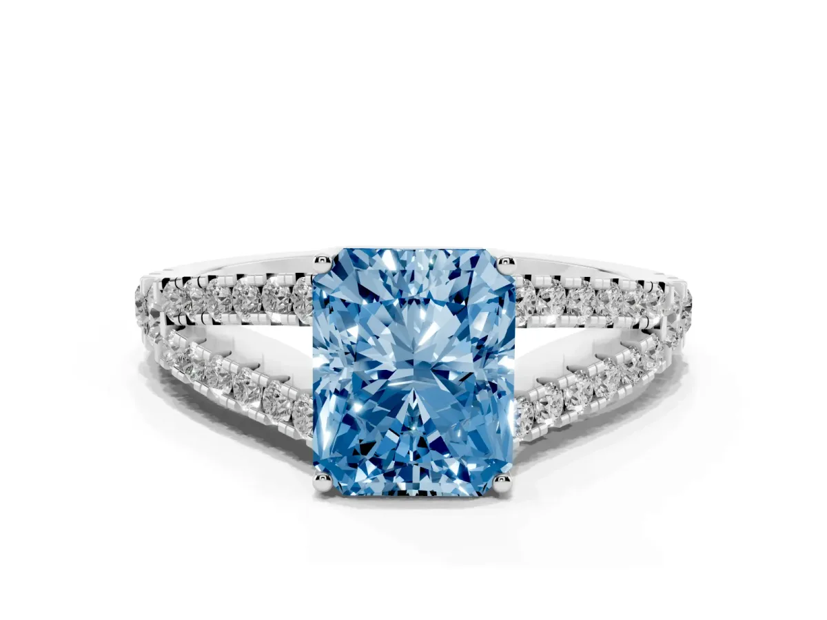 Fancy Blue Radiant Cut Diamond Split Shank Pavé Engagement Ring with Four-Prong Setting White gold