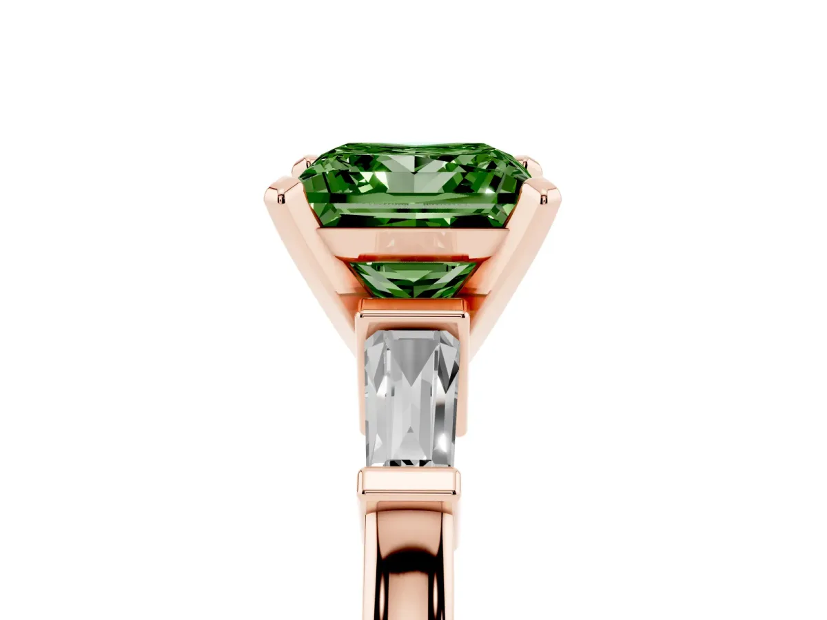 Fancy Green Princess Cut Cut Diamond Solitaire Ring with Tapered Baguette Accents and Four-Prong Setting Rose gold