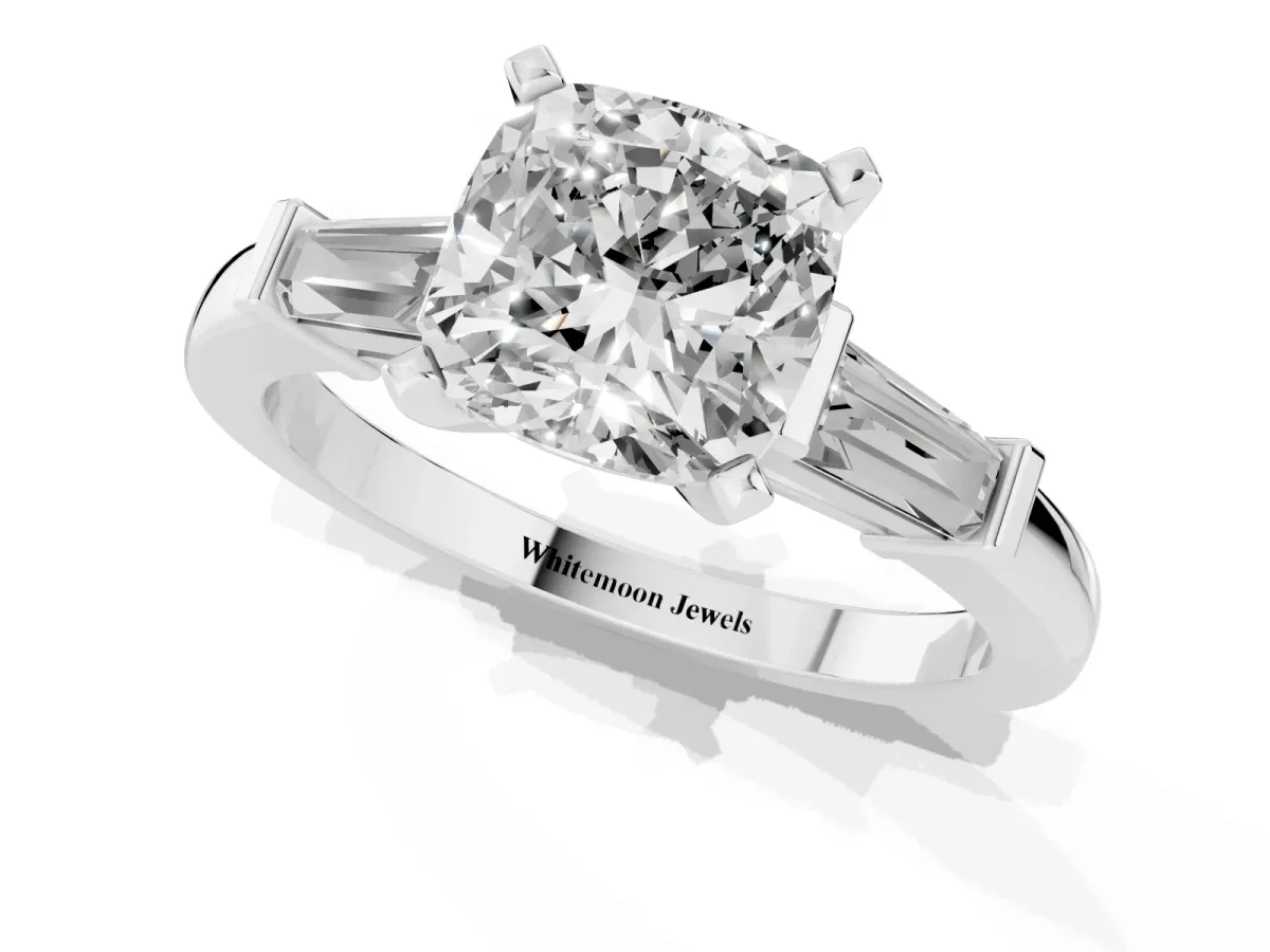 Cushion Cut Cut Diamond Solitaire Ring with Tapered Baguette Accents and Four-Prong Setting White gold
