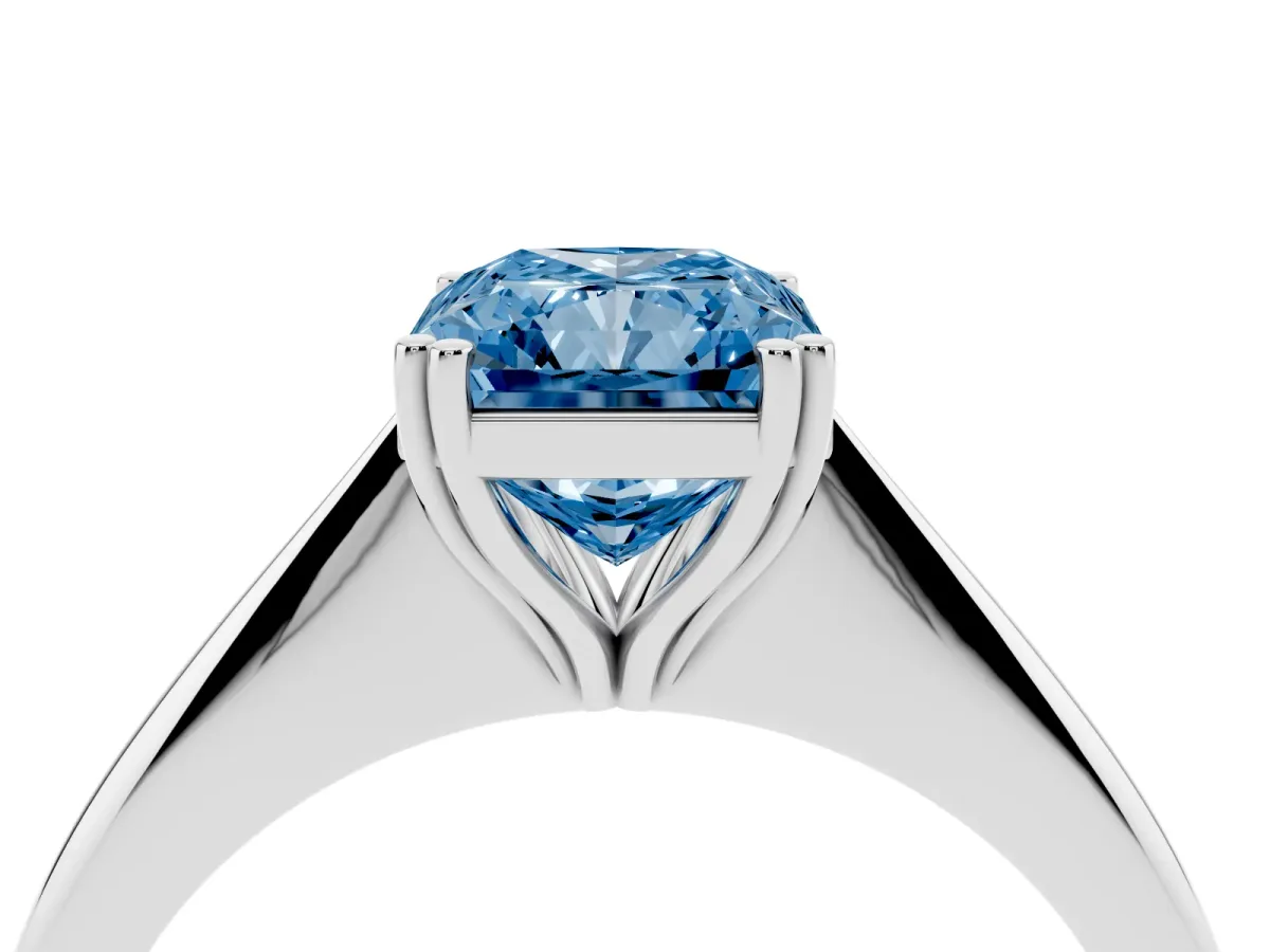 Fancy Blue Radiant Cut Solitaire Diamond Ring with Six-Prong Setting and Classic Band Silver