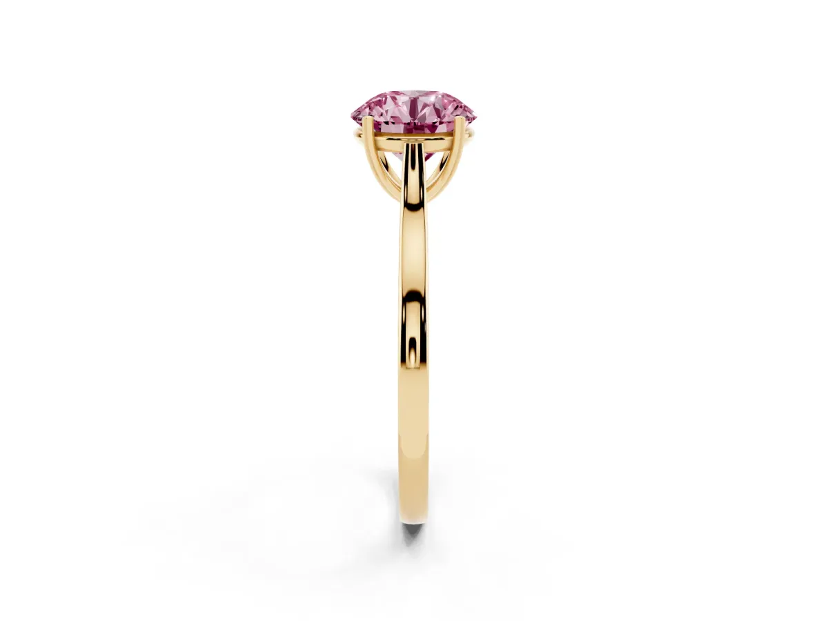 Fancy Pink Round Cut Solitaire Heart Prong Engagement Ring with Tapered Band Yellow gold