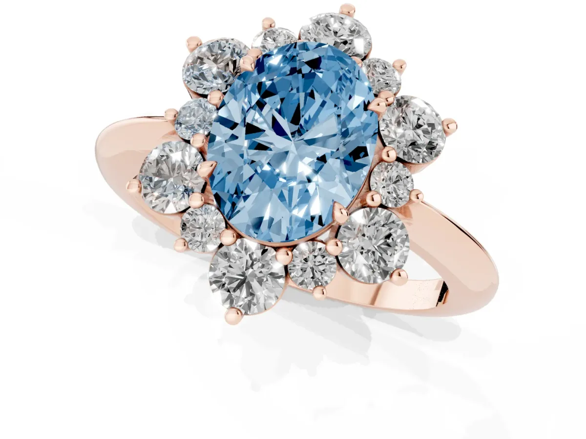 Fancy Blue Oval Cut Diamond Cluster Halo Ring with Solitaire Band and Four-Prong Setting Rose gold