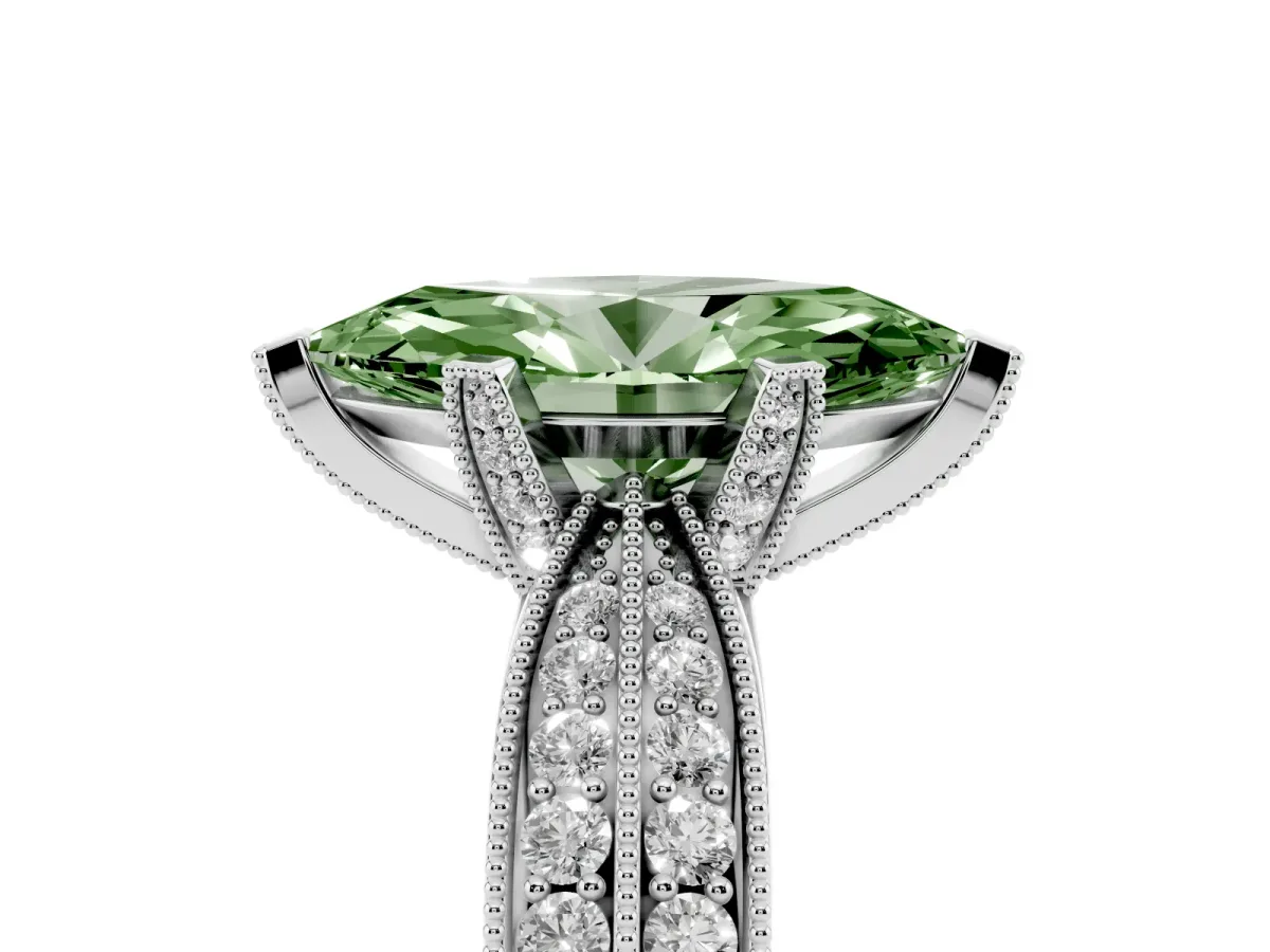 Fancy Green Marquise Cut Diamond Solitaire Ring with Milgrain Round Pavé Band and Prong Setting Platinum