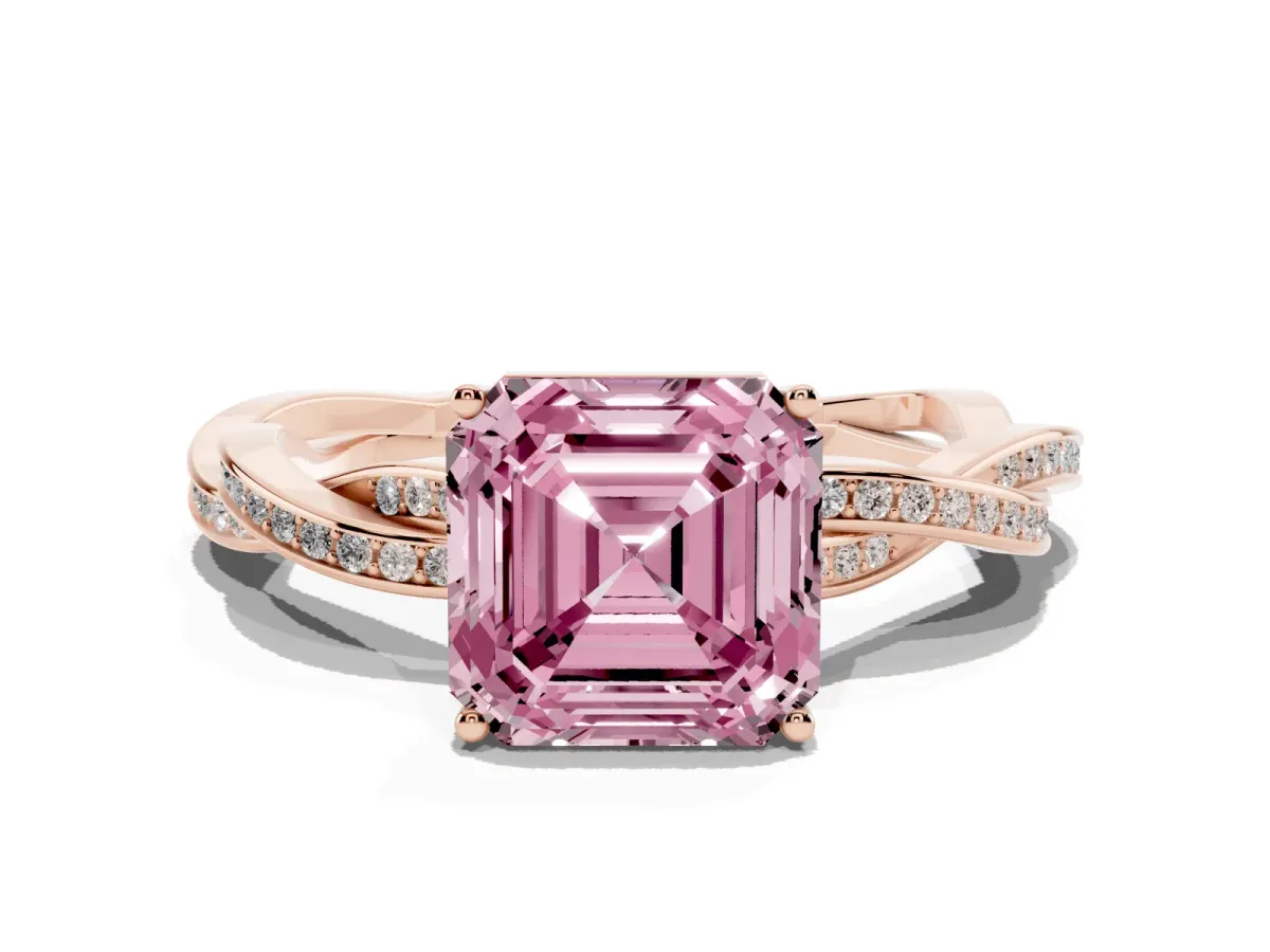 Fancy Pink Asscher Cut Solitaire Twisted Pave Diamond Ring with Four-Prong Setting Rose gold