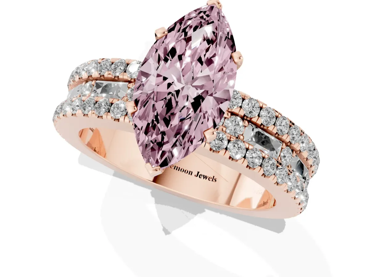 Fancy Pink Marquise Cut Diamond Solitaire Ring with Pavé and Channel Set Band Rose gold