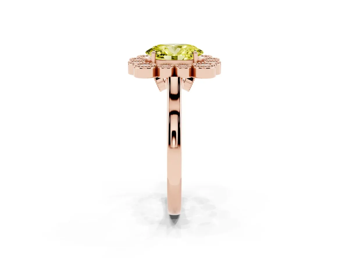 Fancy Yellow Oval Cut Halo Diamond Cluster Engagement Ring with Milgrain Bezel Setting and Solitaire Band Rose gold