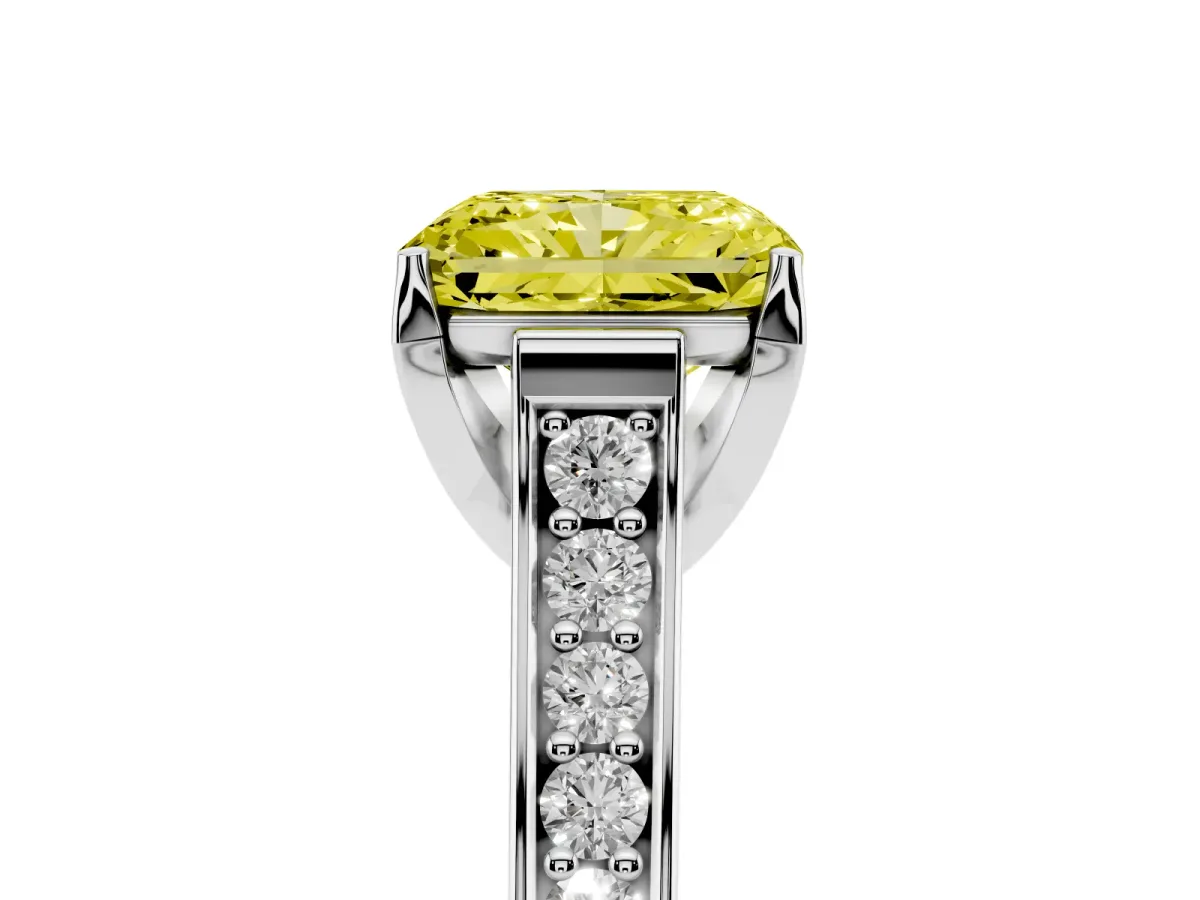 Fancy Yellow Radiant Cut Brilliant Cut Diamond Engagement Ring with Pavé Band and Four-Prong Setting White gold