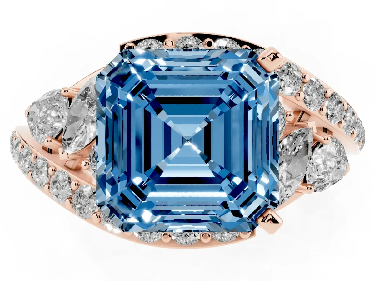 Fancy Blue Asscher Cut Diamond Halo Ring with Marquise and Pavé Band in Prong Setting Rose gold