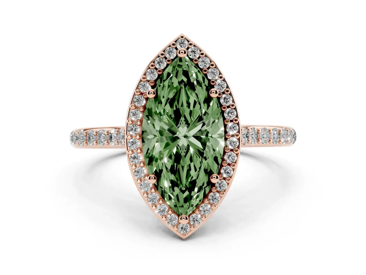 Fancy Green Marquise Cut Diamond Halo Engagement Ring with Round Pavé Shoulders and Prong Setting Rose gold