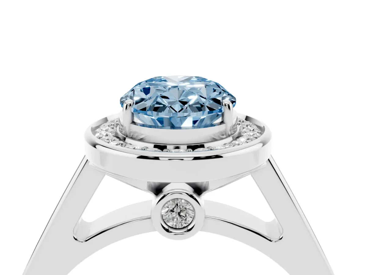 Fancy Blue Oval Cut Halo Solitaire Diamond Ring with Pave Band and Bezel Setting Silver