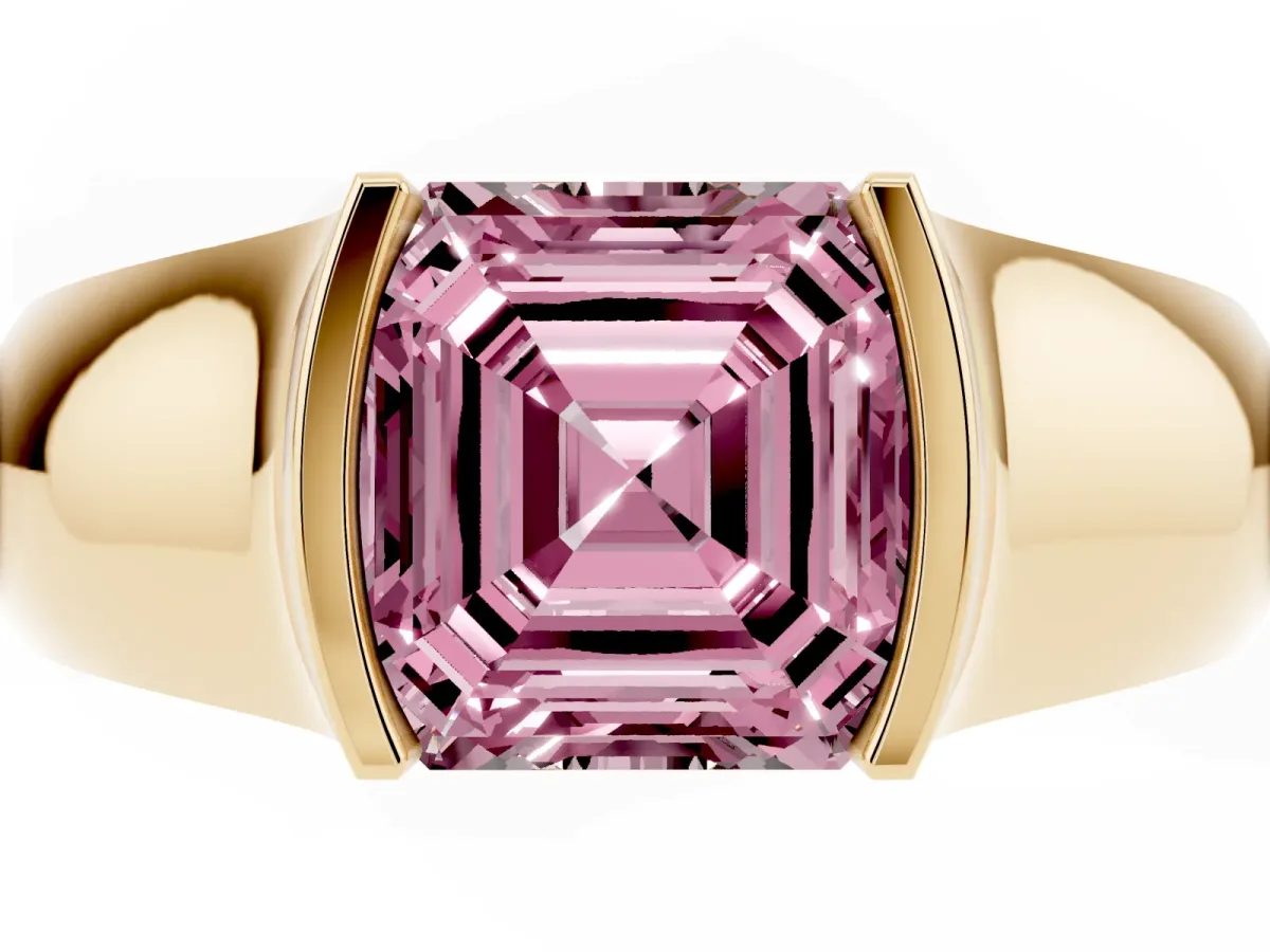 Fancy Pink Asscher Cut Solitaire Bezel Set Diamond Ring with Wide Band Yellow gold