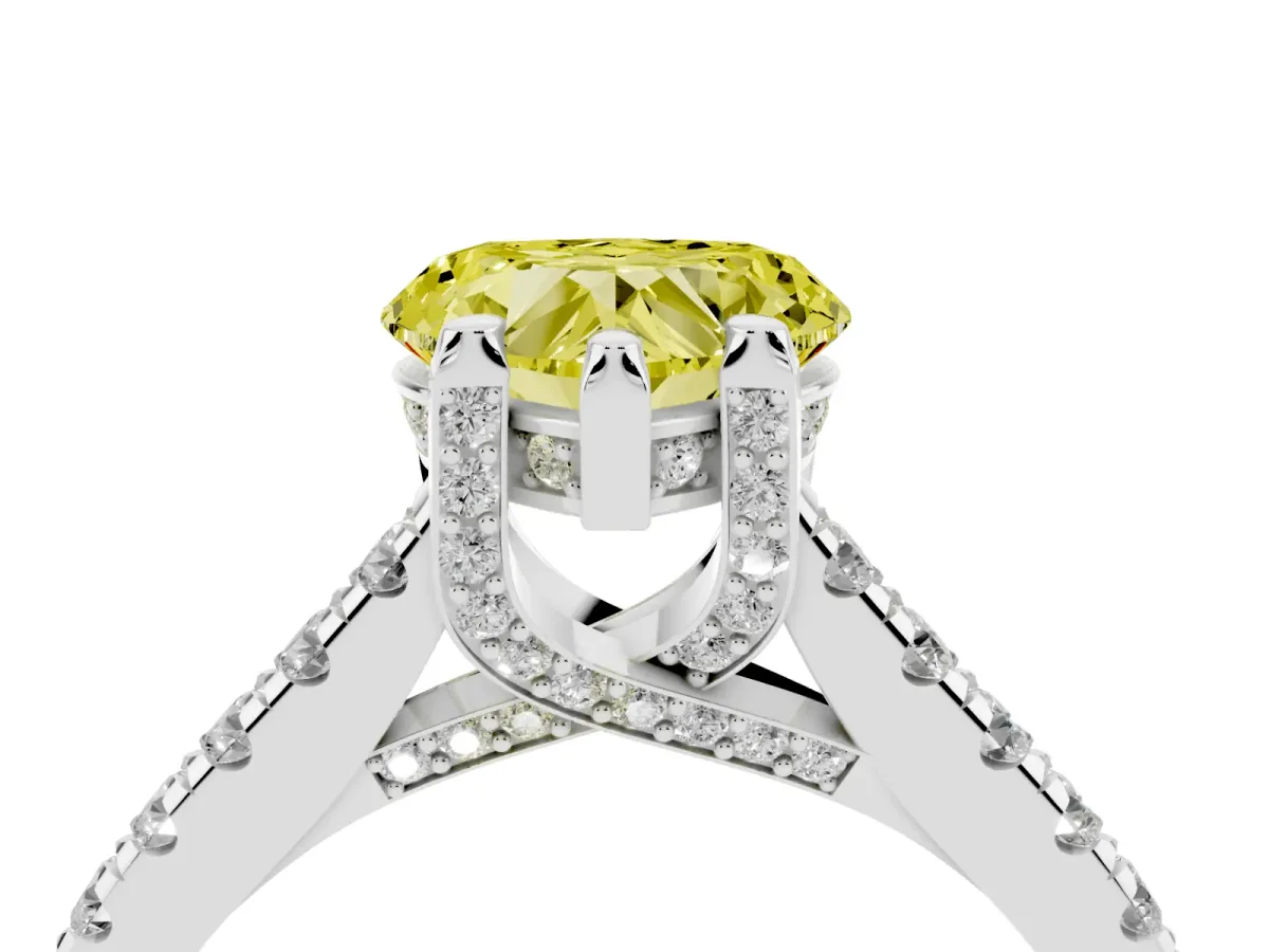 Fancy Yellow Heart Cut Brilliant Diamond Solitaire with Pavé Band and Four-Prong Setting Silver