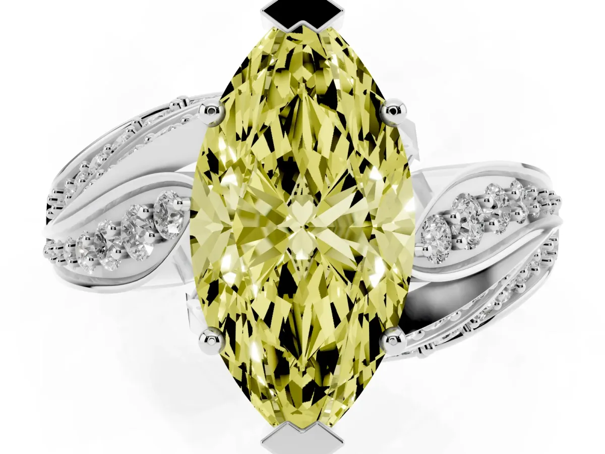 Fancy Yellow Marquise Cut Diamond Solitaire Ring with Prong Setting and Twisted Pavé Band Platinum