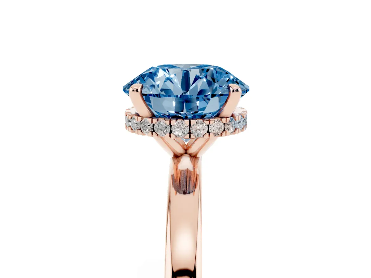Fancy Blue Round Cut Solitaire Engagement Ring with Cathedral Band and Four-Prong Setting Rose gold