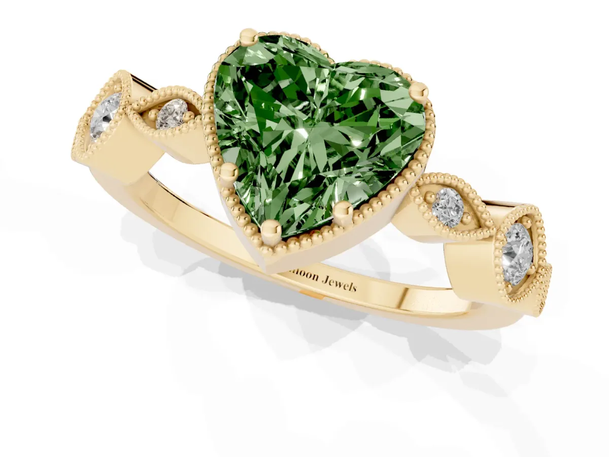 Fancy Green Heart Cut Diamond Vintage Milgrain Ring with Round Stations Yellow gold
