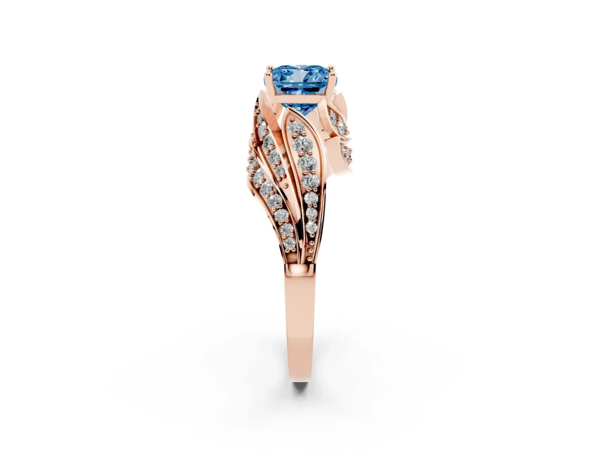 Fancy Blue Cushion Cut Diamond Solitaire Ring with Prong Setting and Twisted Pavé Band Rose gold