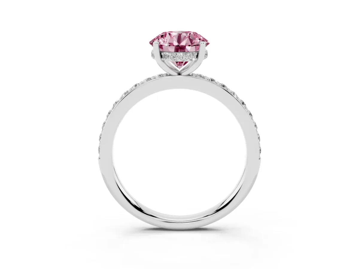 Fancy Pink Round Cut Cut Diamond Pavé Band Ring with Four-Prong Setting Silver