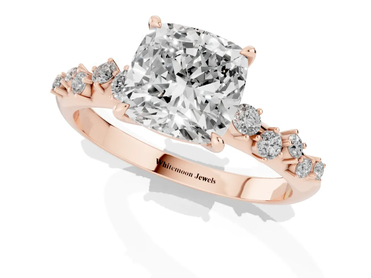 Cushion Cut Diamond Cluster Side Stone Solitaire Ring with Prong Setting Rose gold