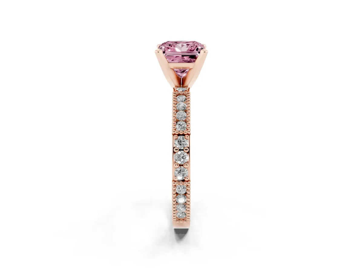 Fancy Pink Princess Cut Solitaire with Pavé Band and Four-Prong Setting Rose gold