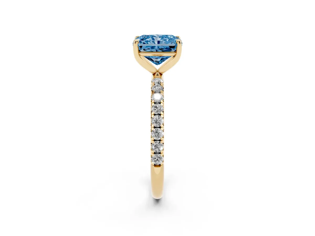 Fancy Blue Radiant Cut Cut Diamond Solitaire Ring with Micro Pave Band and Four Prong Setting Yellow gold
