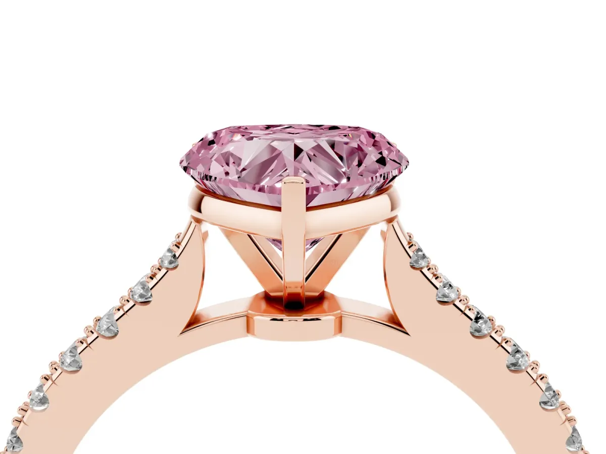 Fancy Pink Heart Cut Cut Solitaire Diamond Engagement Ring with Pave Band and Four-Prong Setting Rose gold