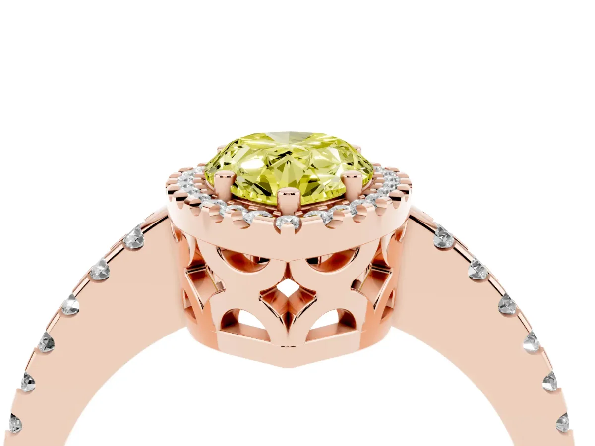 Fancy Yellow Pear Cut Diamond Halo Engagement Ring with Pavé Band and Prong Setting Rose gold