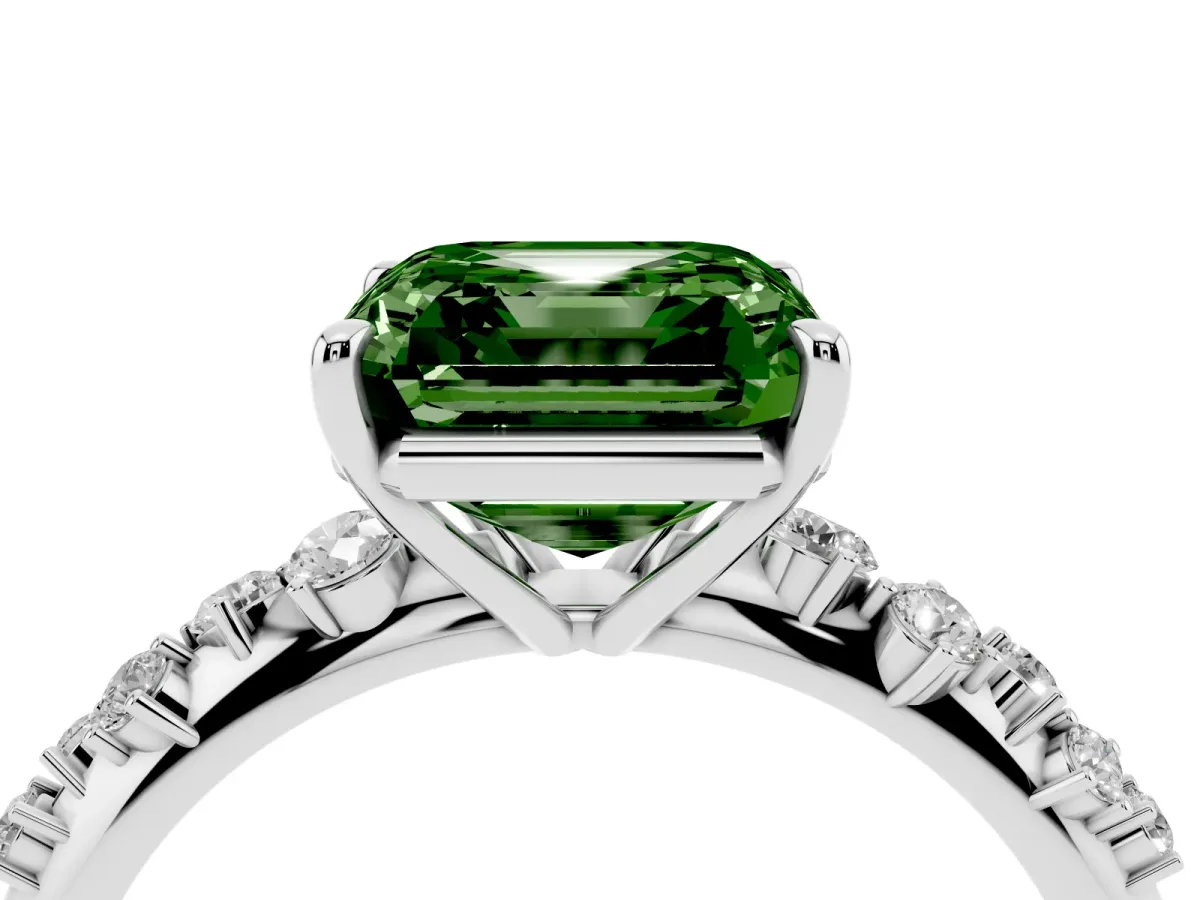 Fancy Green Asscher Cut Diamond Cluster Side Stone Solitaire Ring with Prong Setting Platinum