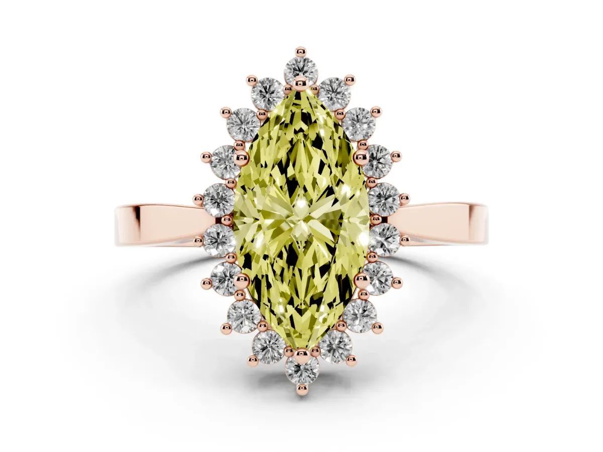 Fancy Yellow Marquise Cut Cut Diamond Halo Ring with Round Brilliant Halo and Solitaire Band Rose gold