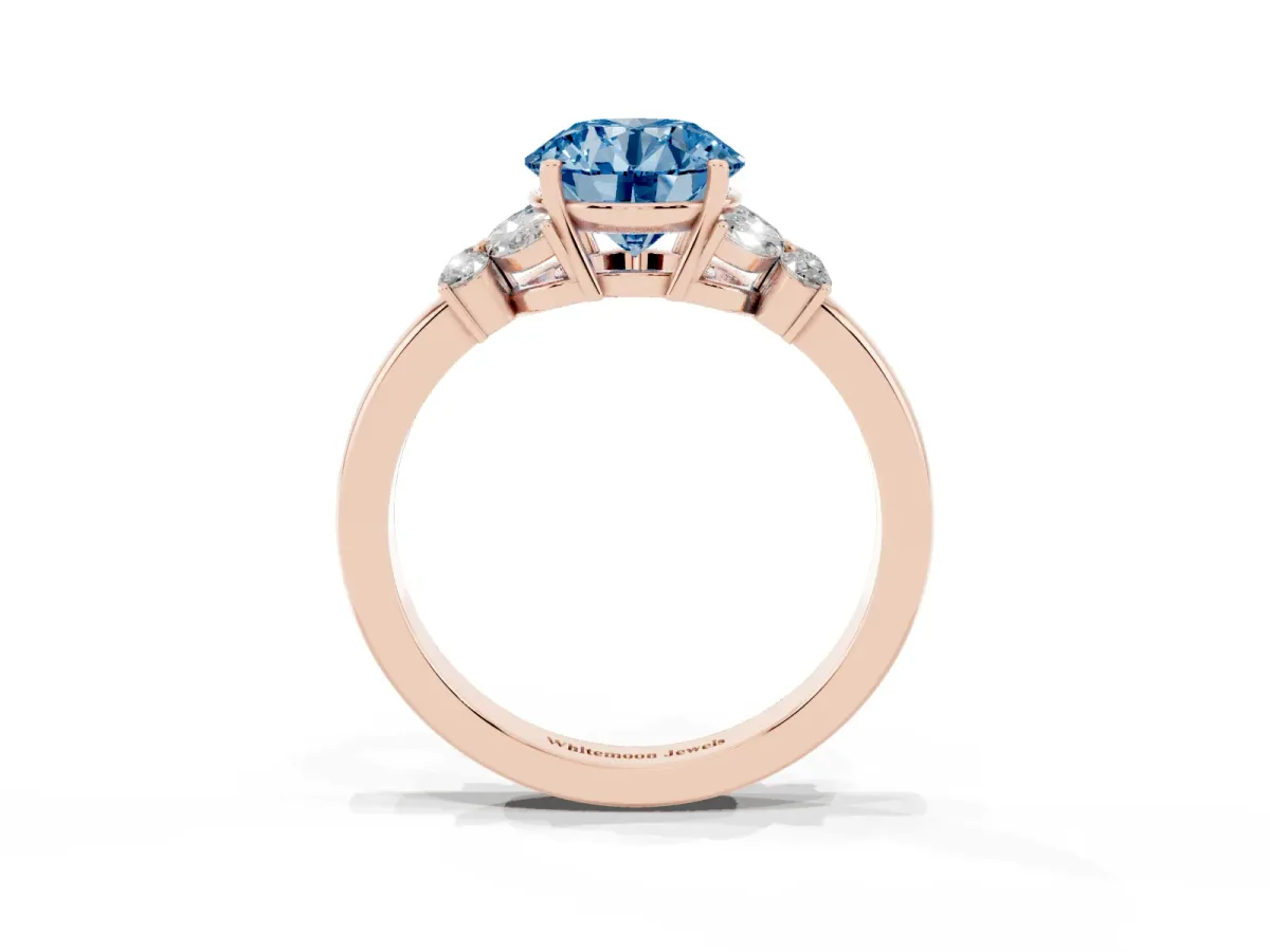 Fancy Blue Round Cut Cut Solitaire Floral Diamond Ring with Four-Prong Setting Rose gold