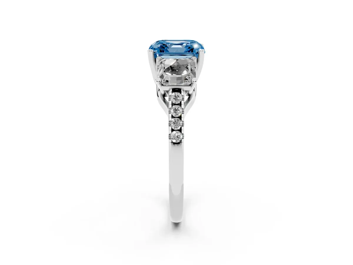 Fancy Blue Three-Stone Asscher Cut Diamond Ring with Round Pavé Band and Prong Setting Silver