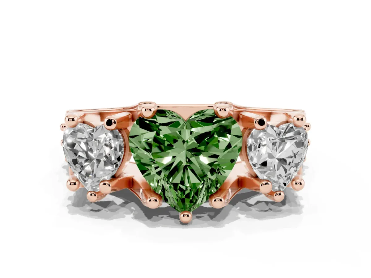 Fancy Green Heart Cut Diamond Three-Stone Ring with Channel Set Band and Four-Prong Setting Rose gold