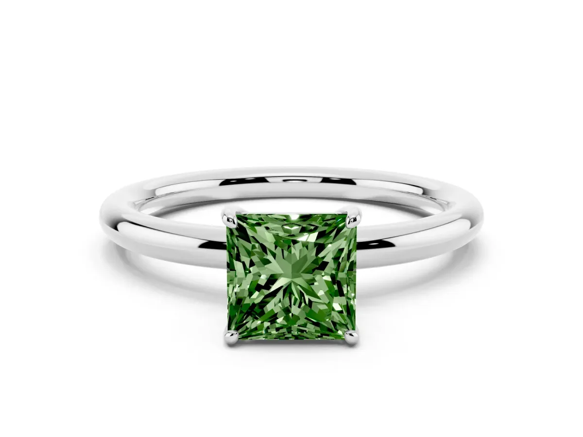 Fancy Green Princess Cut Solitaire Diamond Ring with Four-Prong Setting on a Plain Band Silver