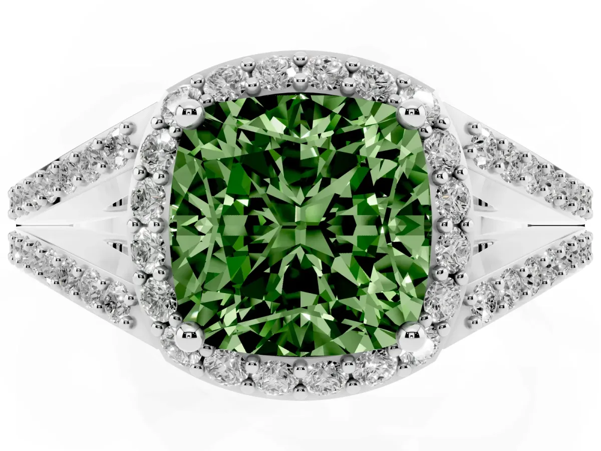 Fancy Green Cushion Cut Halo Split Shank Diamond Ring with Prong Setting Silver