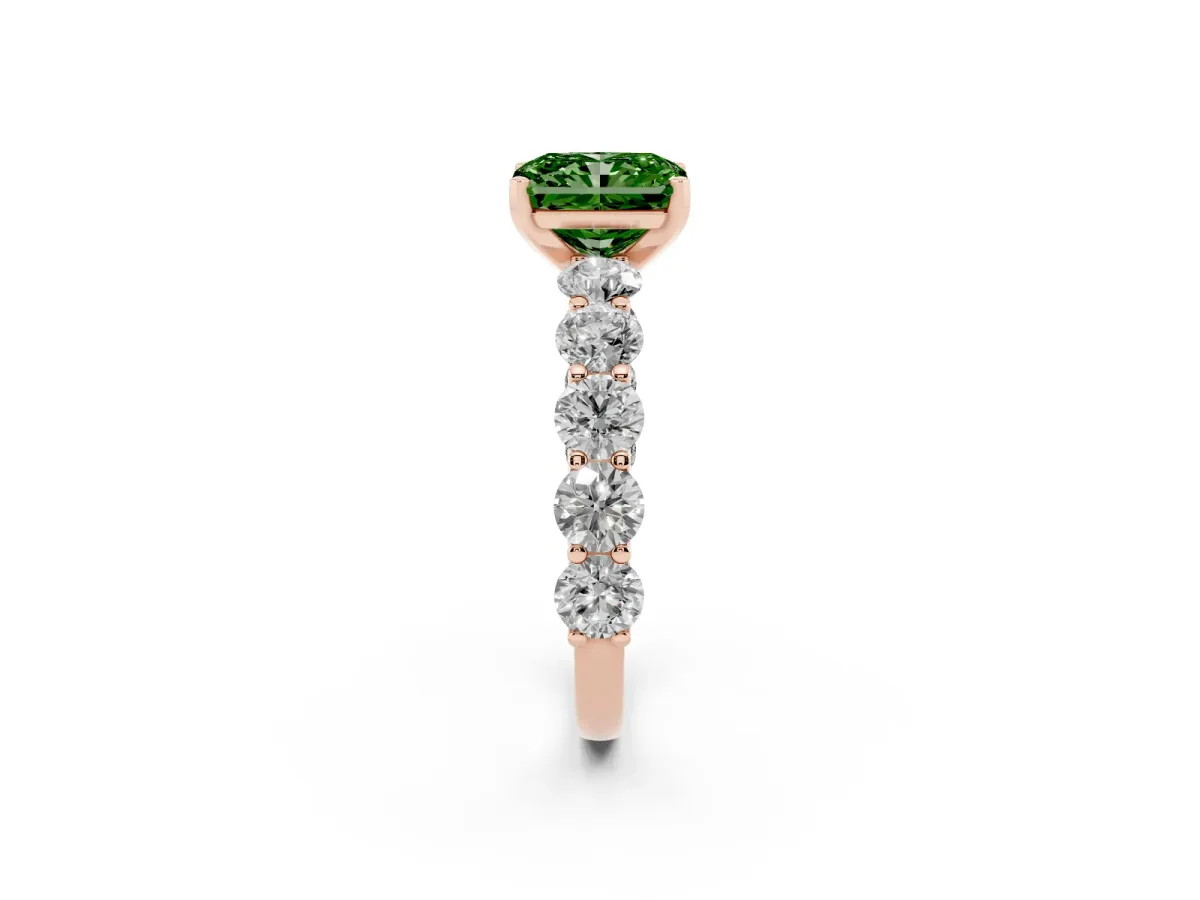 Fancy Green Radiant Cut Diamond Prong Setting with Side Stones on a Pave Band Rose gold